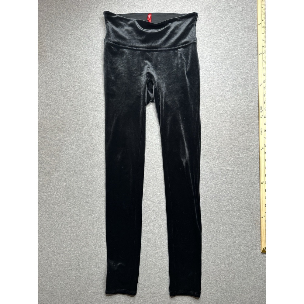 SPANX Black Velvet Leggings Womens Size Medium Mid Rise Wide Waistband